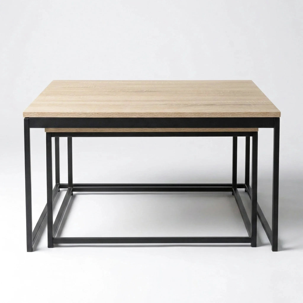 Lot de 2 tables basses gigognes carrées industrielles – Bois clair & métal noir 60/70 cm