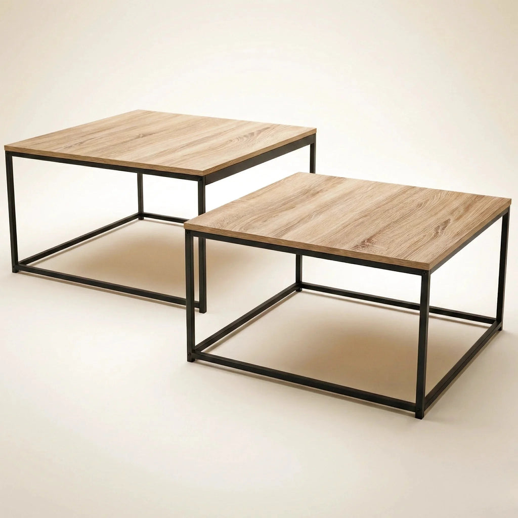 Lot de 2 tables basses gigognes carrées industrielles – Bois clair & métal noir 60/70 cm