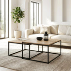 Lot de 2 tables basses gigognes carrées industrielles – Bois clair & métal noir 60/70 cm