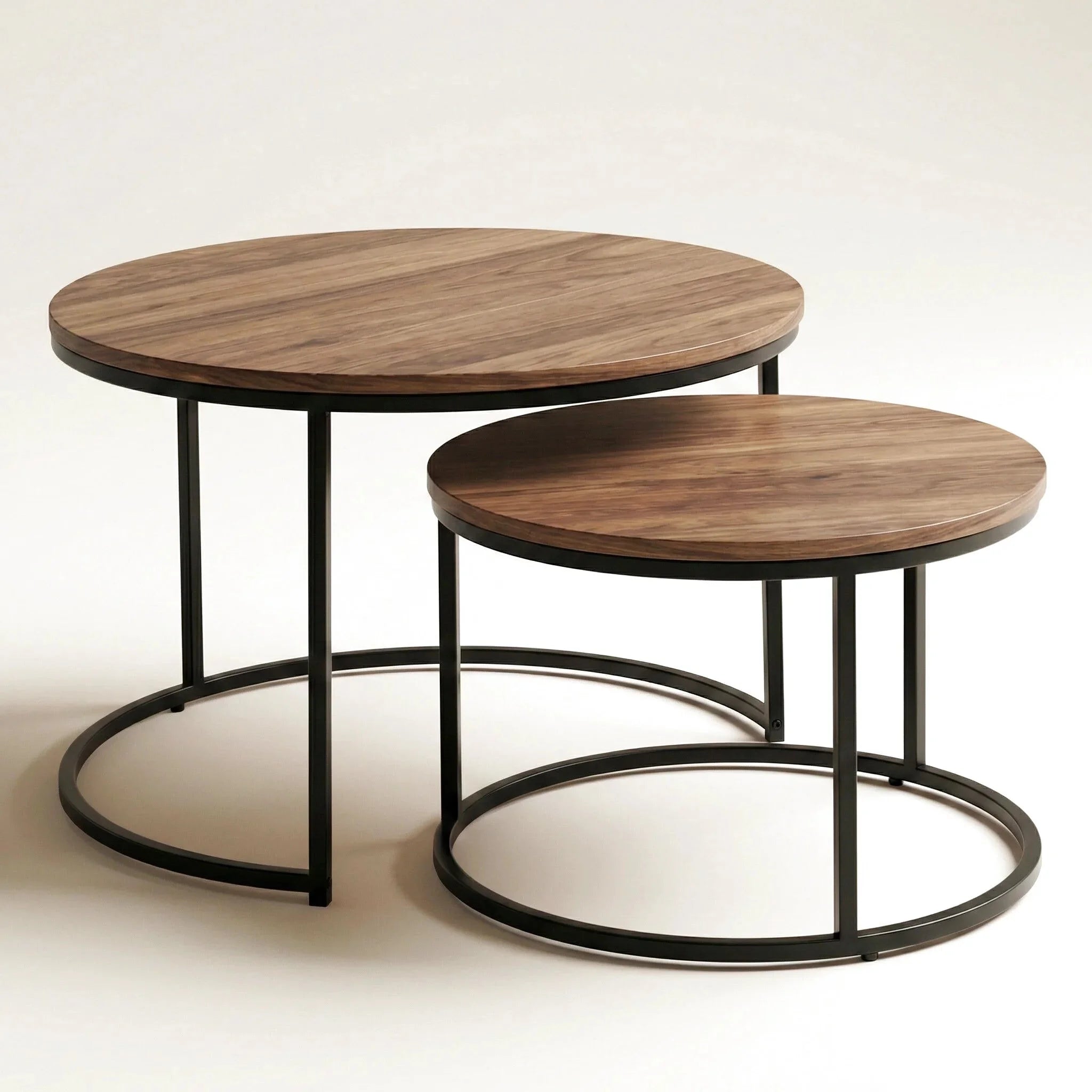 Lot de 2 tables basses gigognes rondes industrielles – Bois foncé & métal noir 54/70 cm