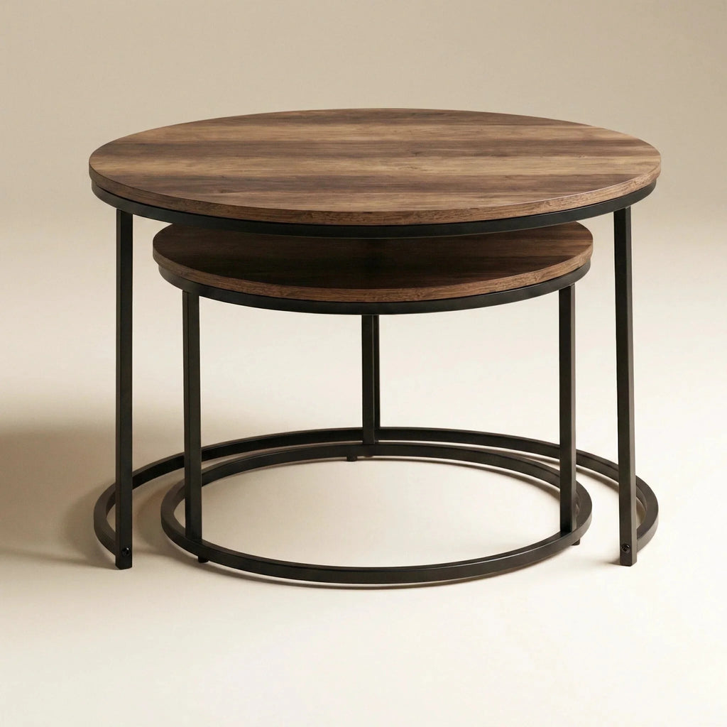 Lot de 2 tables basses gigognes rondes industrielles – Bois foncé & métal noir 54/70 cm