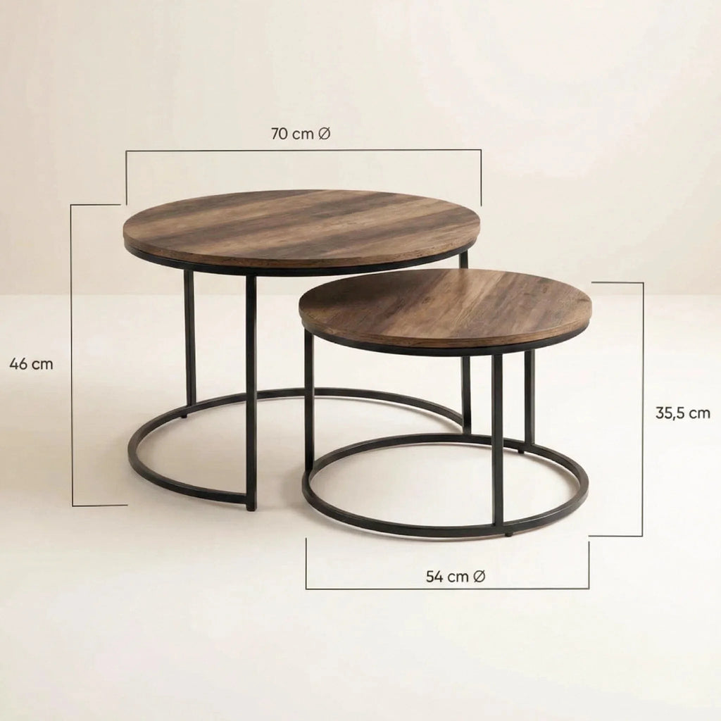 Lot de 2 tables basses gigognes rondes industrielles – Bois foncé & métal noir 54/70 cm