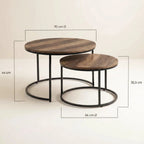 Lot de 2 tables basses gigognes rondes industrielles – Bois foncé & métal noir 54/70 cm