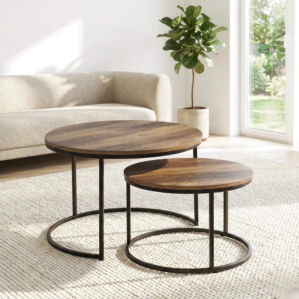 Lot de 2 tables basses gigognes rondes industrielles – Bois foncé & métal noir 54/70 cm