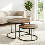 Lot de 2 tables basses gigognes rondes industrielles – Bois foncé & métal noir 54/70 cm