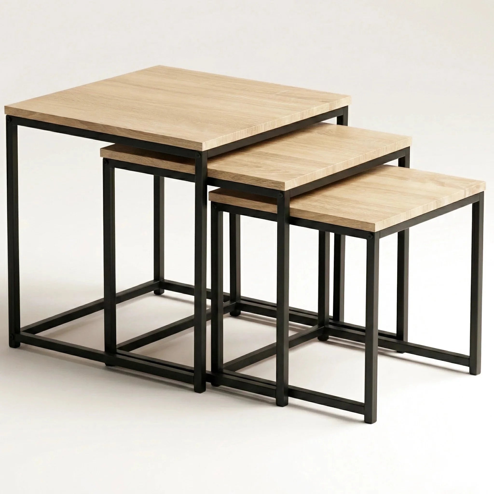 Lot de 3 tables basses gigognes carrées industrielles – Bois clair & métal noir 35/40/45 cm
