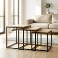 Lot de 3 tables basses gigognes carrées industrielles – Bois clair & métal noir 35/40/45 cm