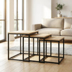 Lot de 3 tables basses gigognes carrées industrielles – Bois clair & métal noir 35/40/45 cm
