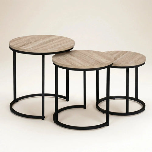 Lot de 3 tables basses gigognes rondes industrielles – Bois clair & métal noir 35/40/45 cm