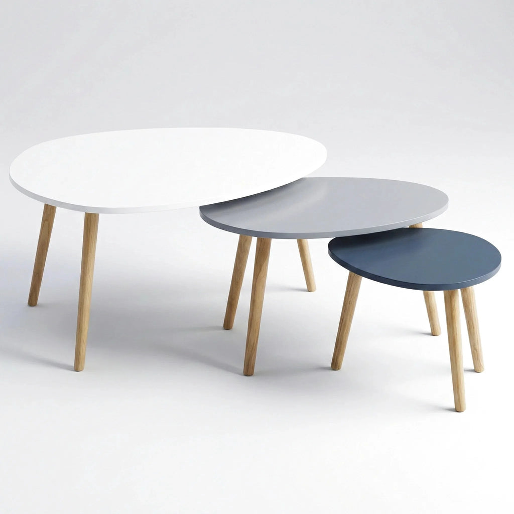 Lot de 3 tables basses gigognes scandinaves – Blanc & gris laqué avec pieds bois
