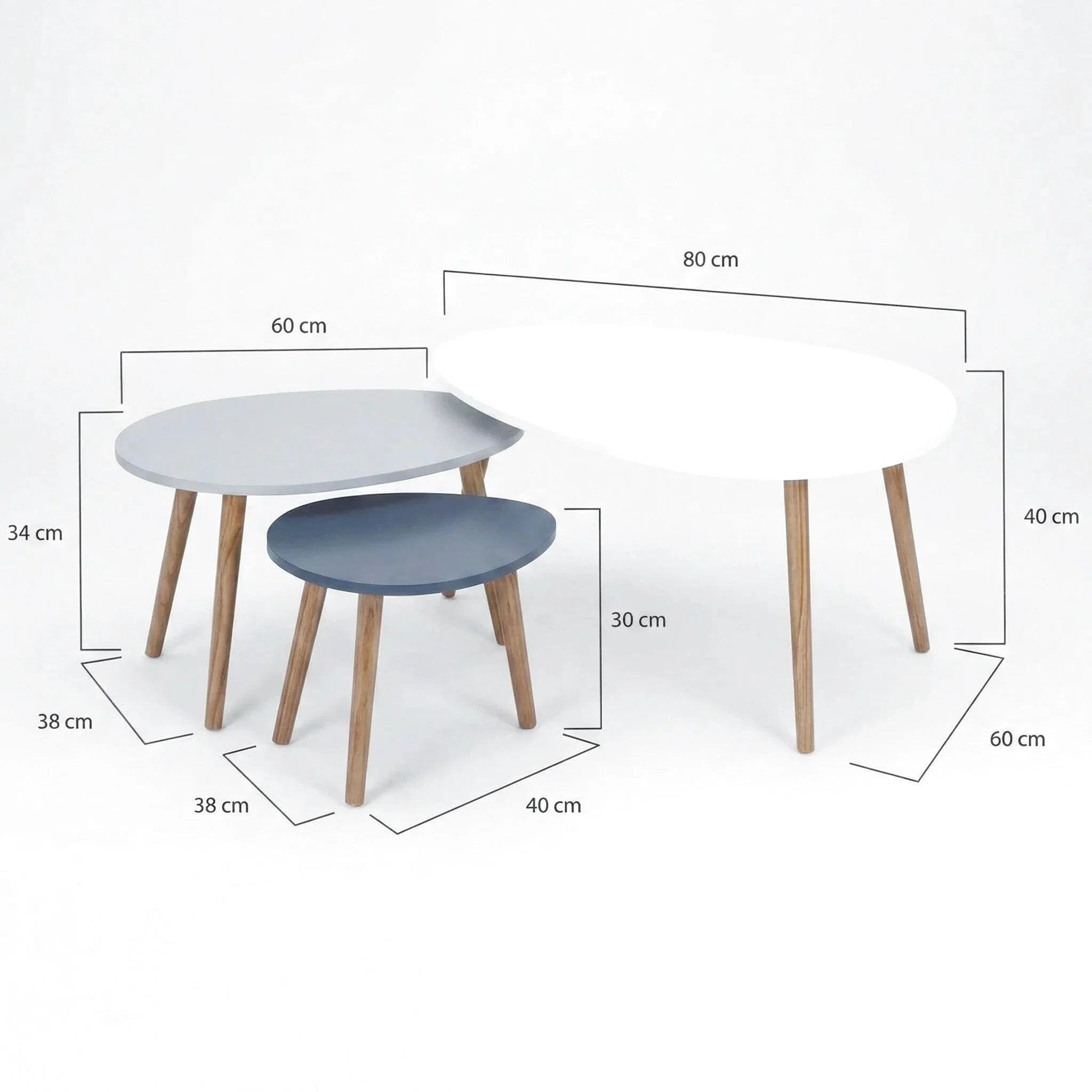 Lot de 3 tables basses gigognes scandinaves – Blanc & gris laqué avec pieds bois