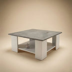 Table basse carrée blanche plateau effet béton avec étagère 70 cm