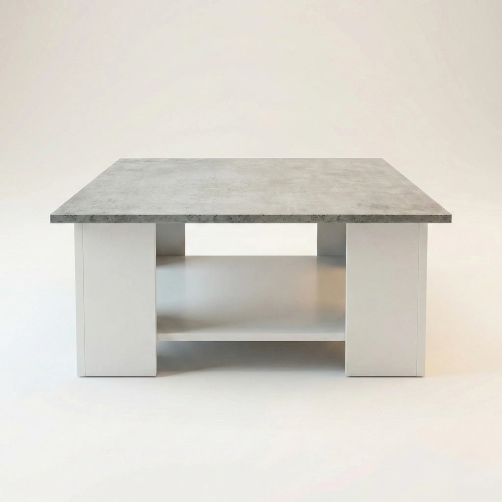 Table basse carrée blanche plateau effet béton avec étagère 70 cm