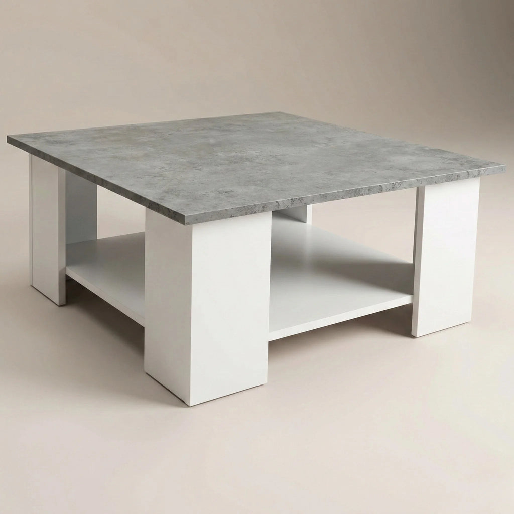 Table basse carrée blanche plateau effet béton avec étagère 70 cm