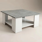 Table basse carrée blanche plateau effet béton avec étagère 70 cm