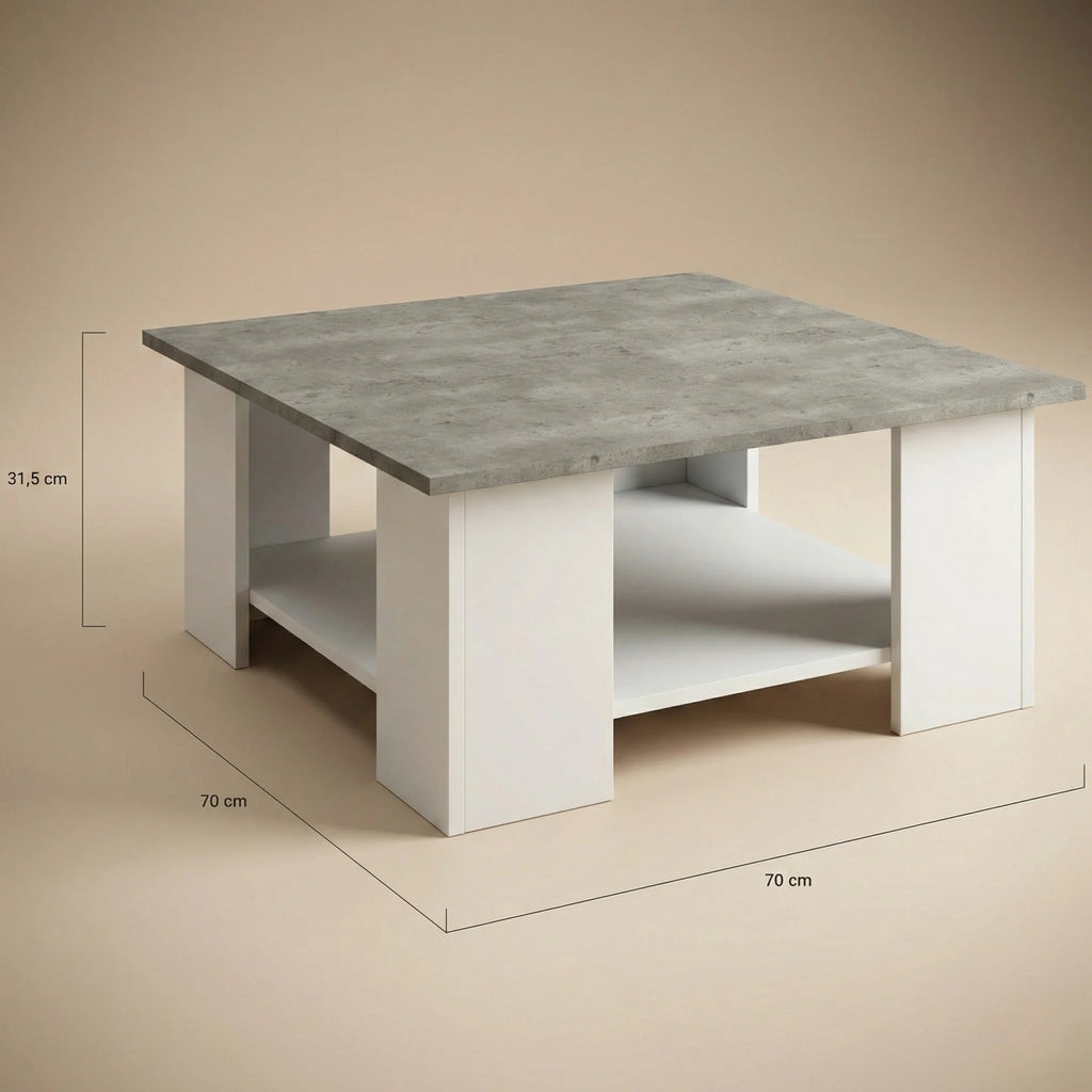 Table basse carrée blanche plateau effet béton avec étagère 70 cm