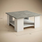 Table basse carrée blanche plateau effet béton avec étagère 70 cm