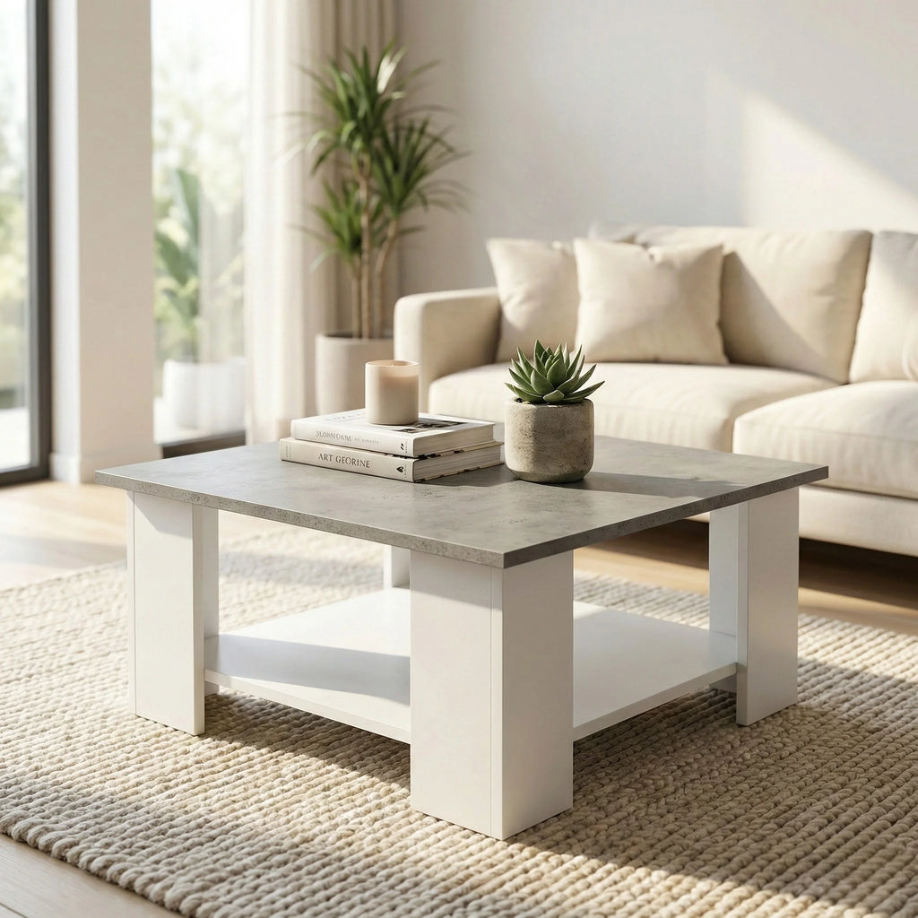 Table basse carrée blanche plateau effet béton avec étagère 70 cm