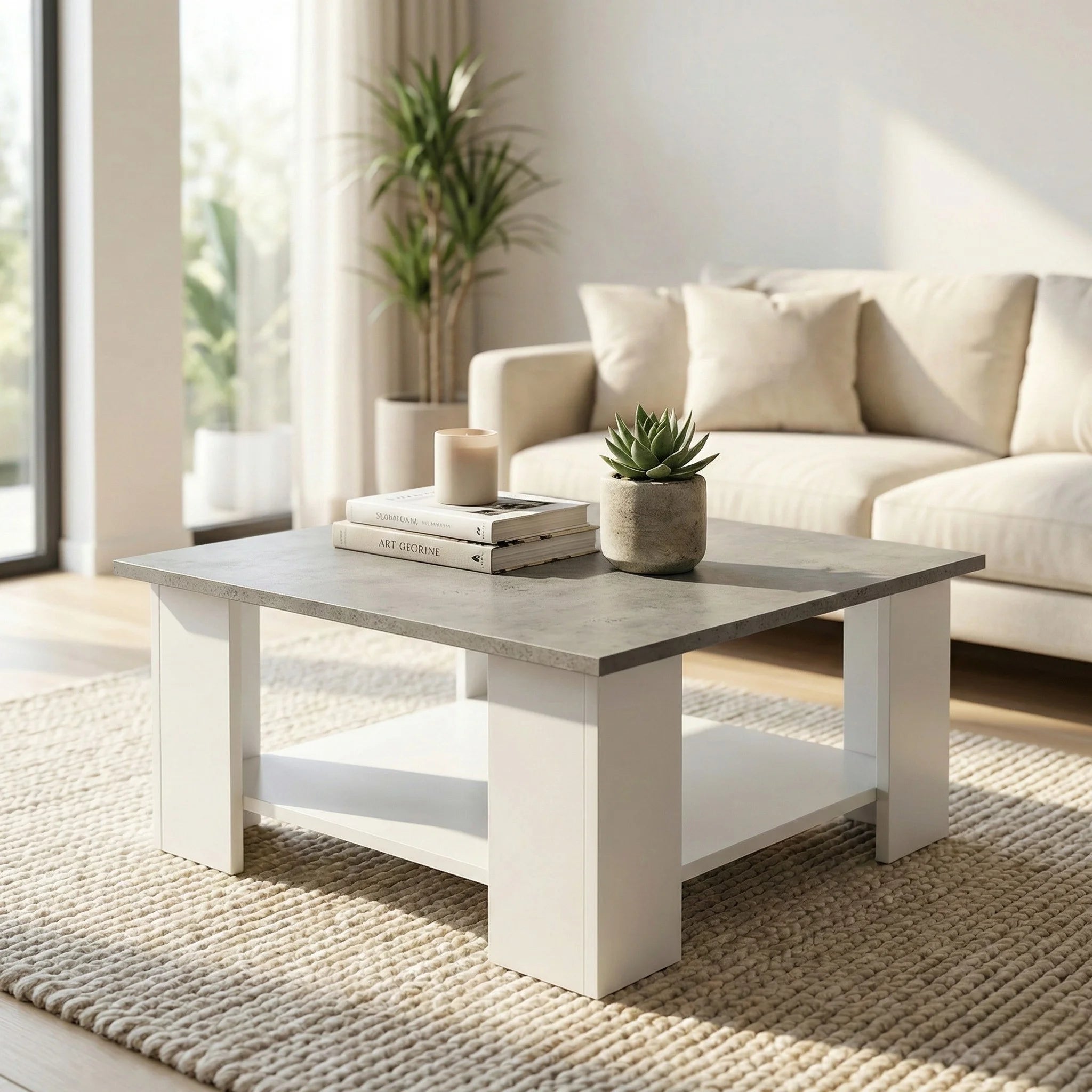 Table basse carrée blanche plateau effet béton avec étagère 70 cm