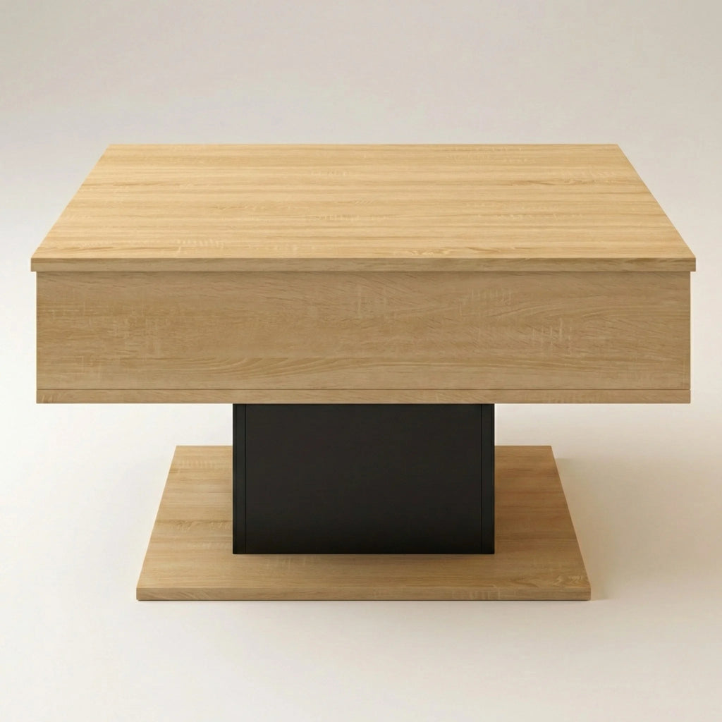 Table basse carrée plateau relevable avec rangement – Bois clair & pied noir moderne
