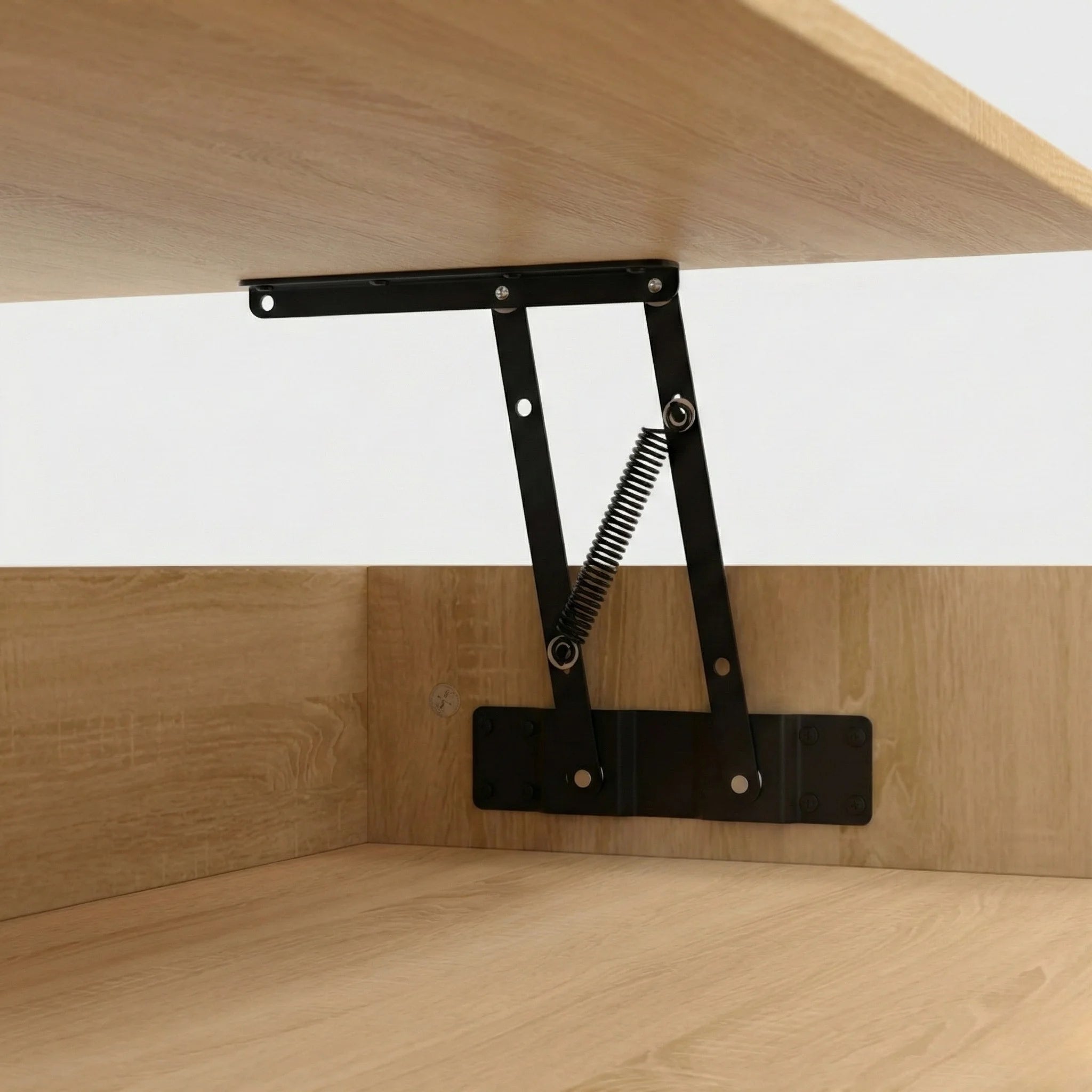 Table basse carrée plateau relevable avec rangement – Bois clair & pied noir moderne