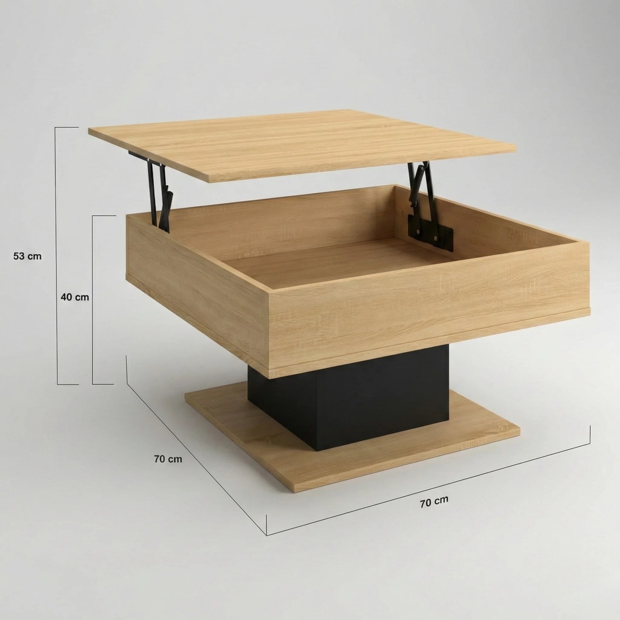 Table basse carrée plateau relevable avec rangement – Bois clair & pied noir moderne