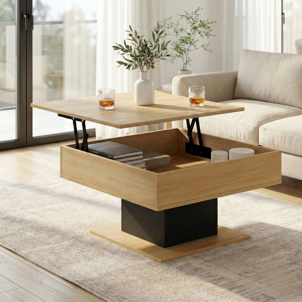Table basse carrée plateau relevable avec rangement – Bois clair & pied noir moderne
