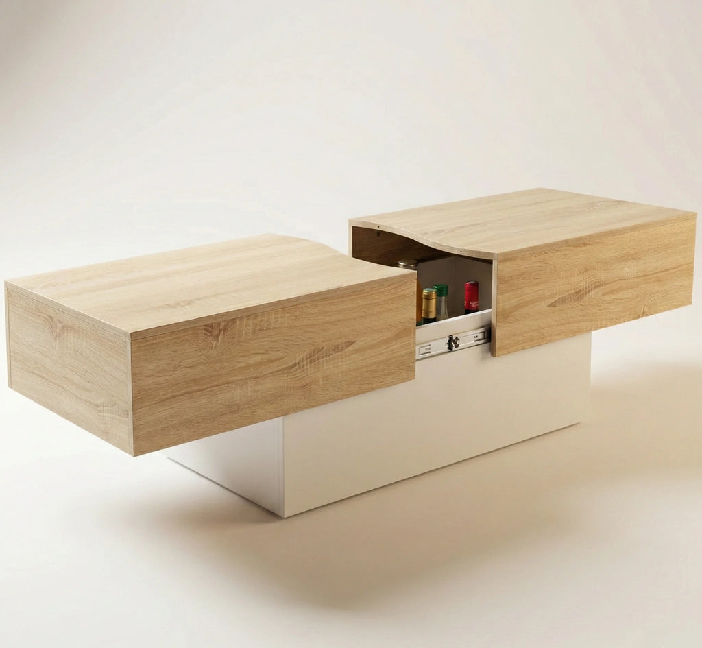 Table basse coulissante design avec espace intégré – Finition bois clair & blanc moderne