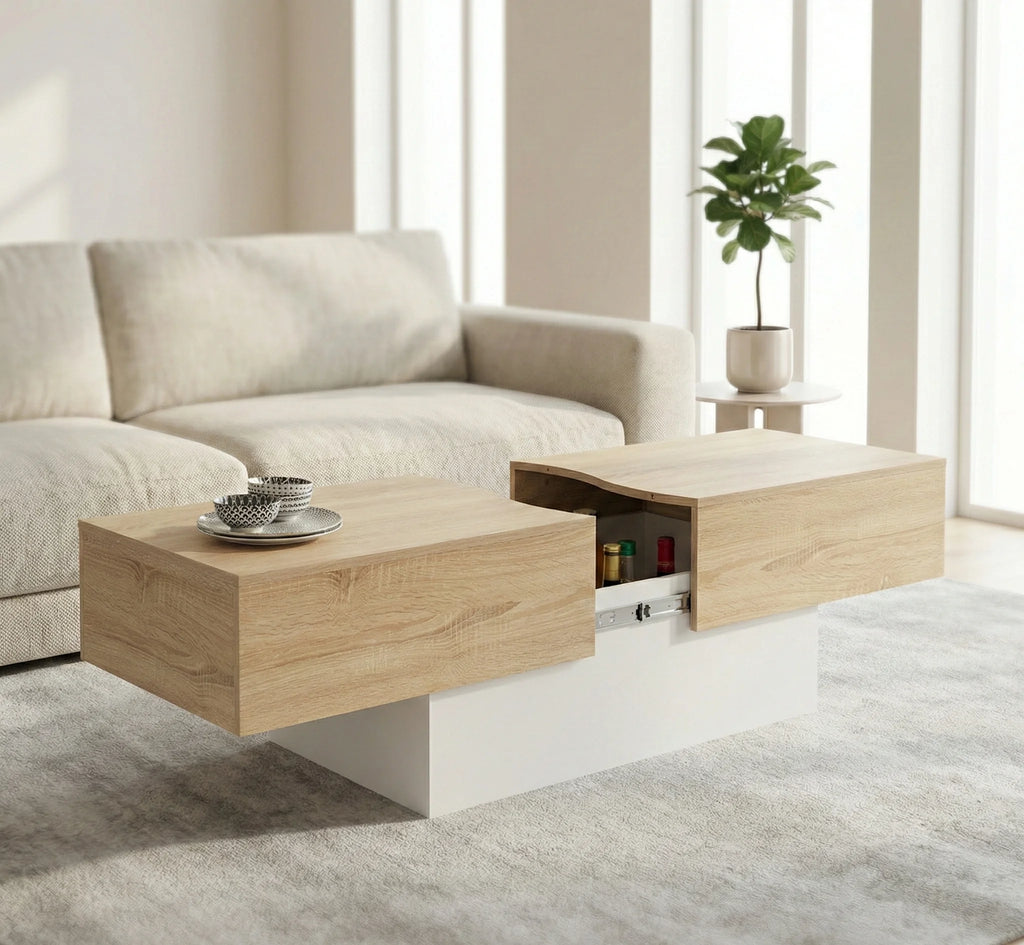 Table basse coulissante design avec espace intégré – Finition bois clair & blanc moderne