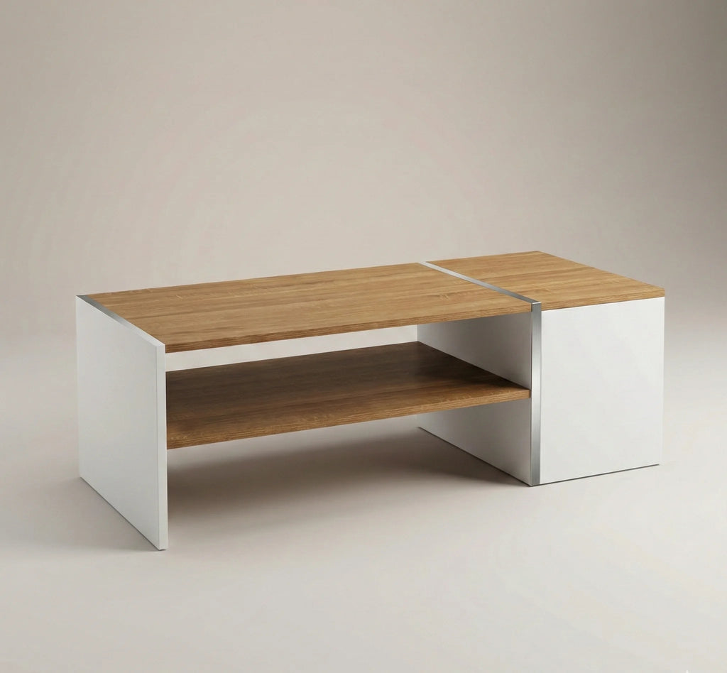 Table basse design 110 cm avec espace bar intégré – Finition bois clair & blanc moderne