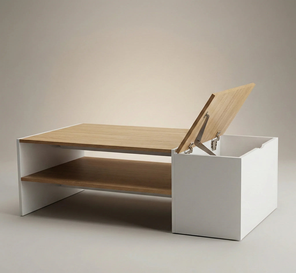 Table basse design 110 cm avec espace bar intégré – Finition bois clair & blanc moderne