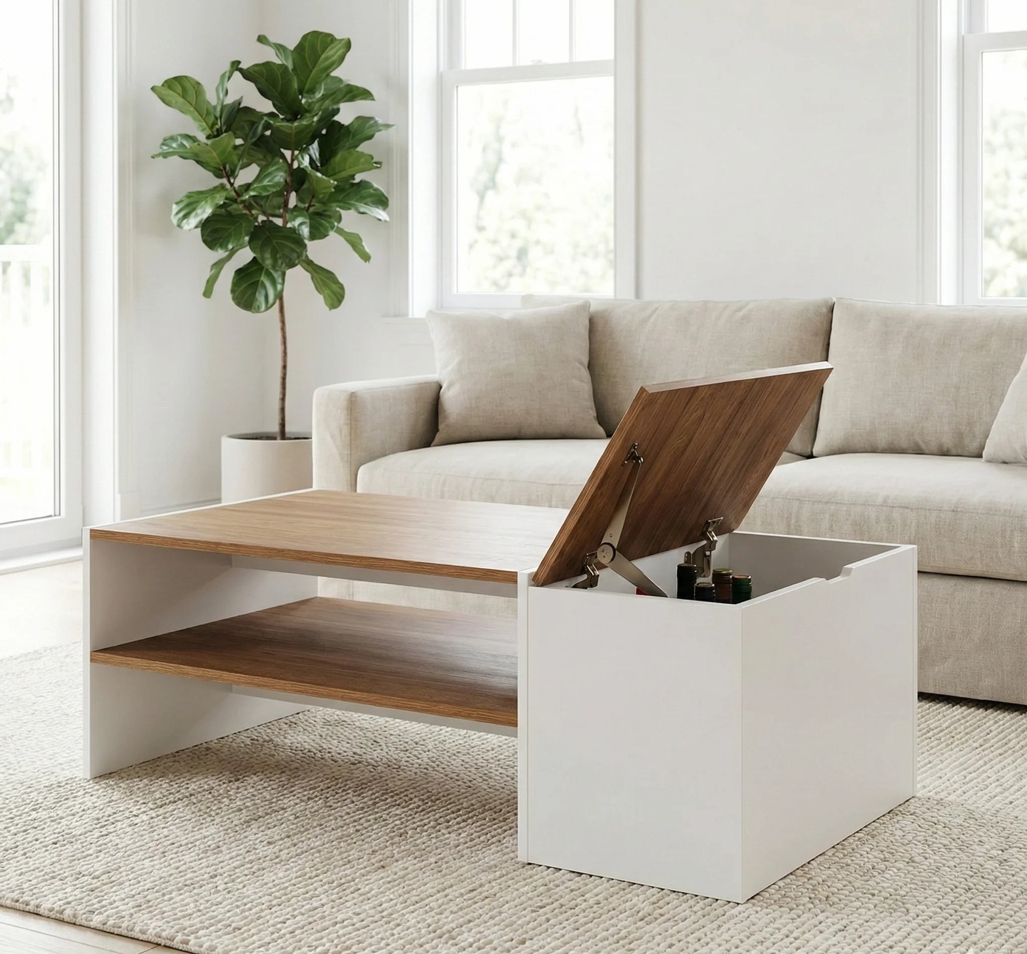 Table basse design 110 cm avec espace bar intégré – Finition bois clair & blanc moderne