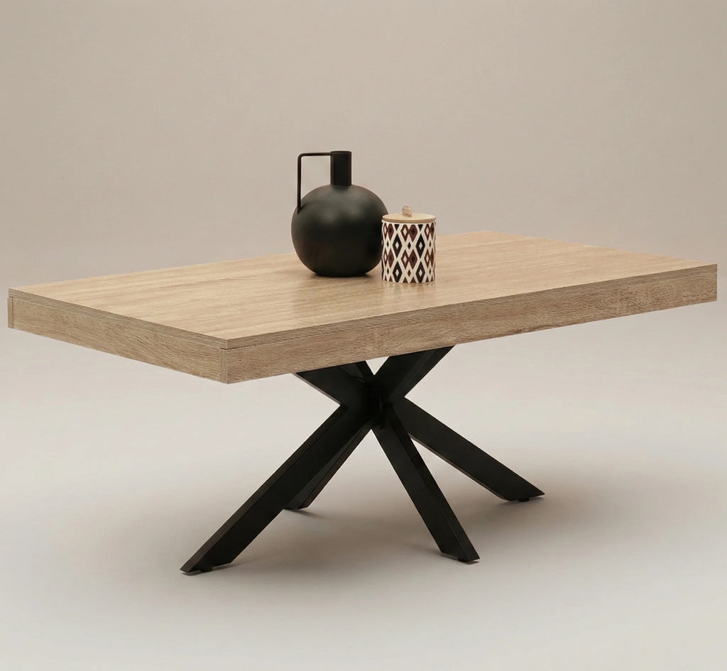 Table basse design 110 cm pied araignée – Bois clair & métal noir industriel