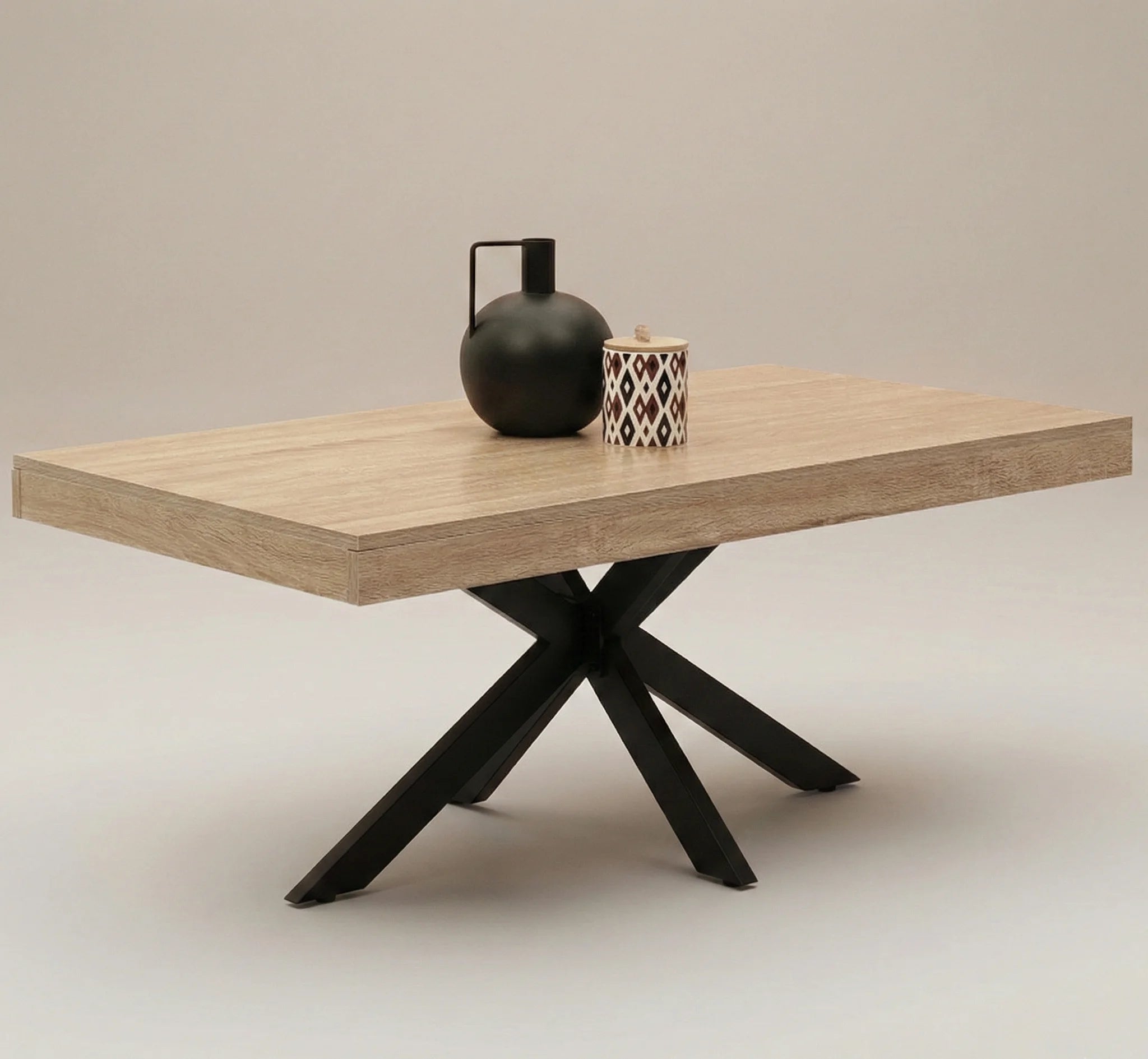 Table basse design 110 cm pied araignée – Bois clair & métal noir industriel