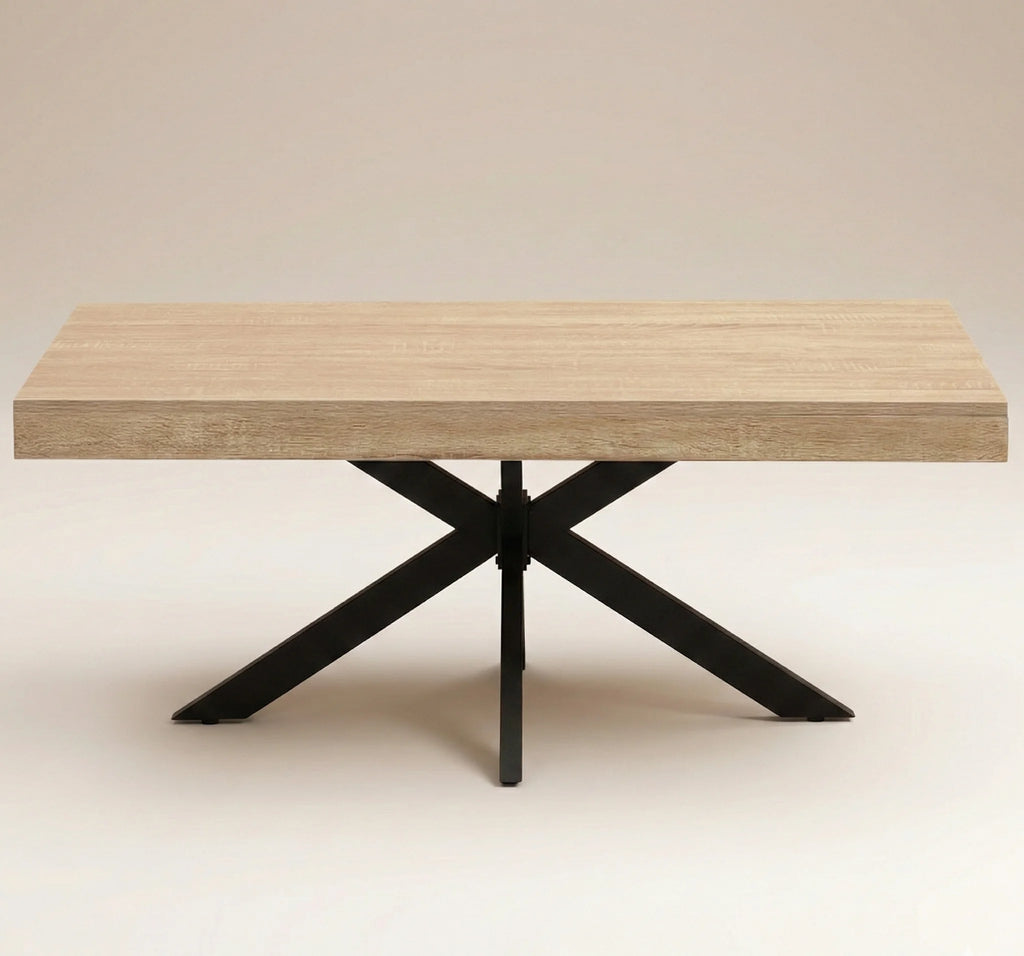 Table basse design 110 cm pied araignée – Bois clair & métal noir industriel