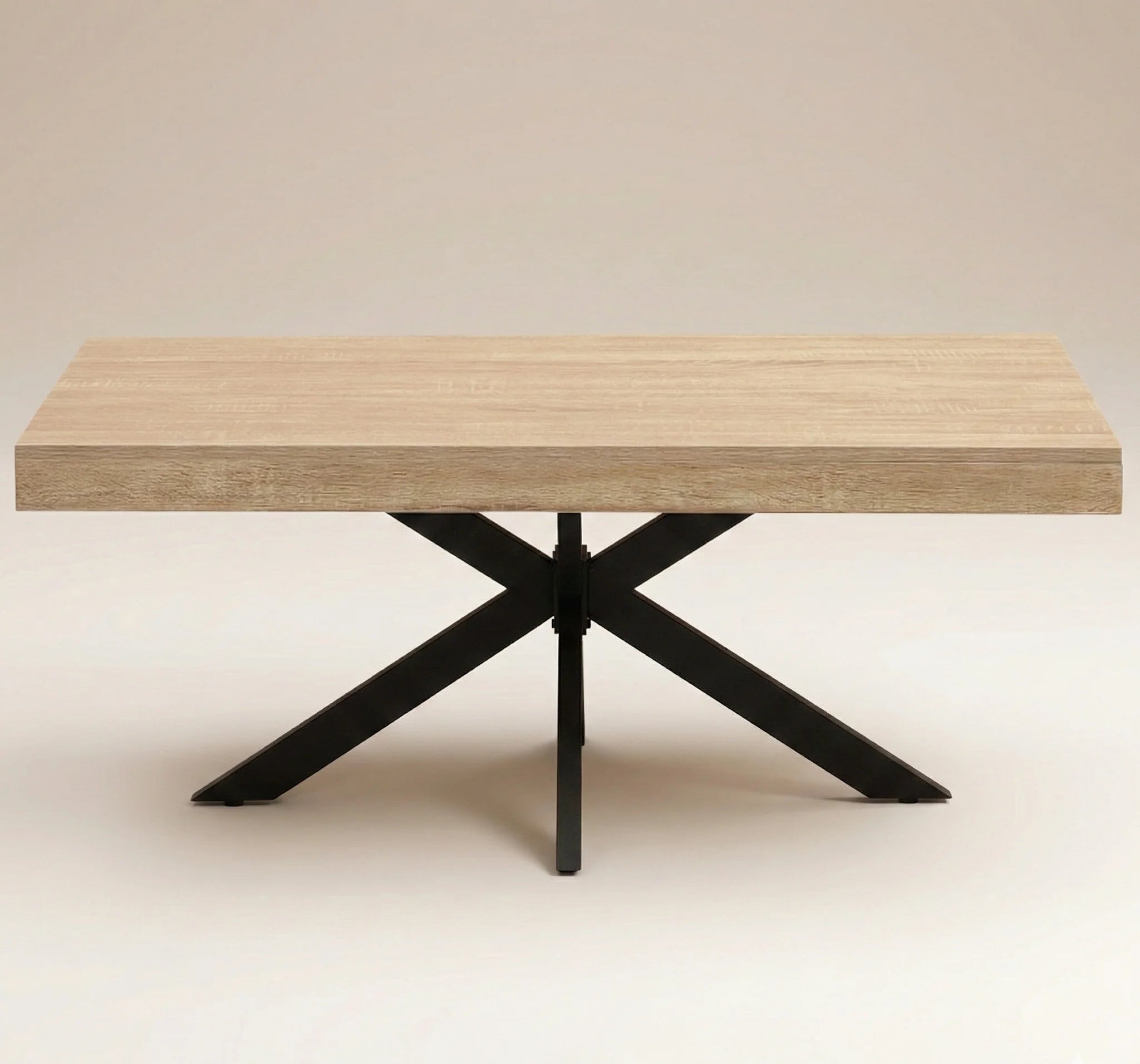 Table basse design 110 cm pied araignée – Bois clair & métal noir industriel