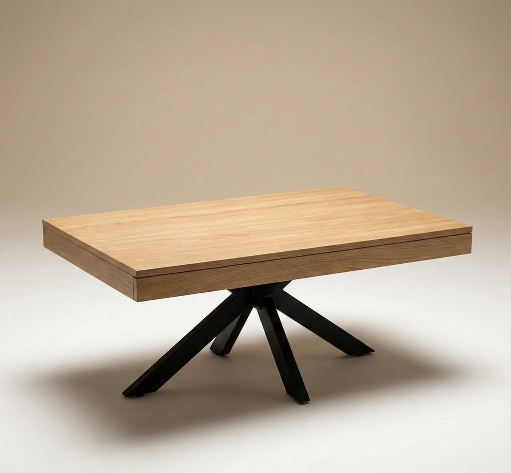 Table basse design 110 cm pied araignée – Bois clair & métal noir industriel