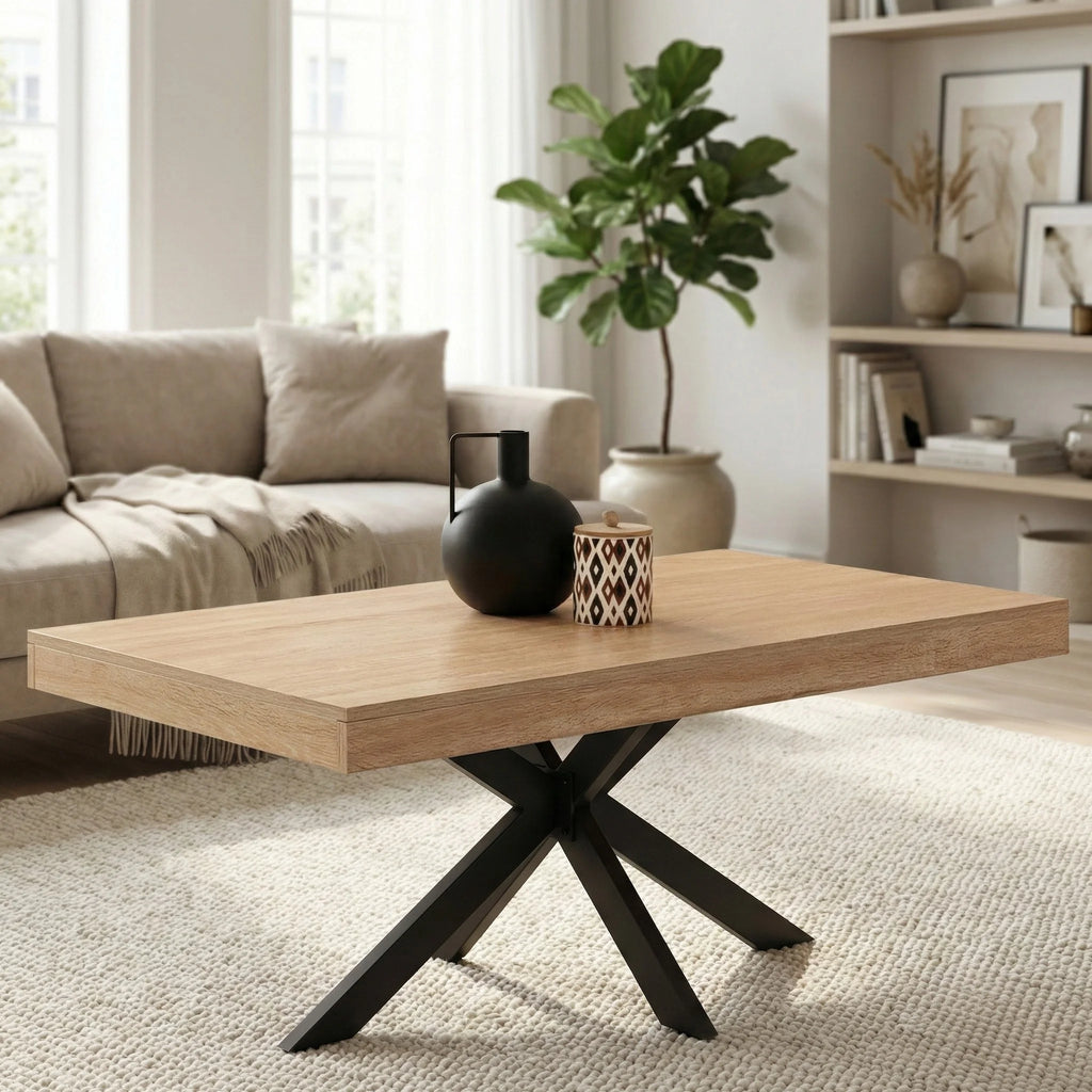 Table basse design 110 cm pied araignée – Bois clair & métal noir industriel