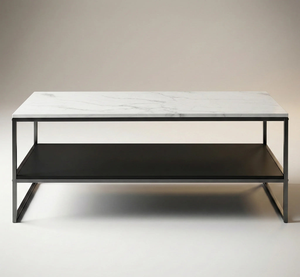 Table basse design double plateau – Effet marbre blanc & métal noir moderne