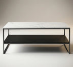 Table basse design double plateau – Effet marbre blanc & métal noir moderne