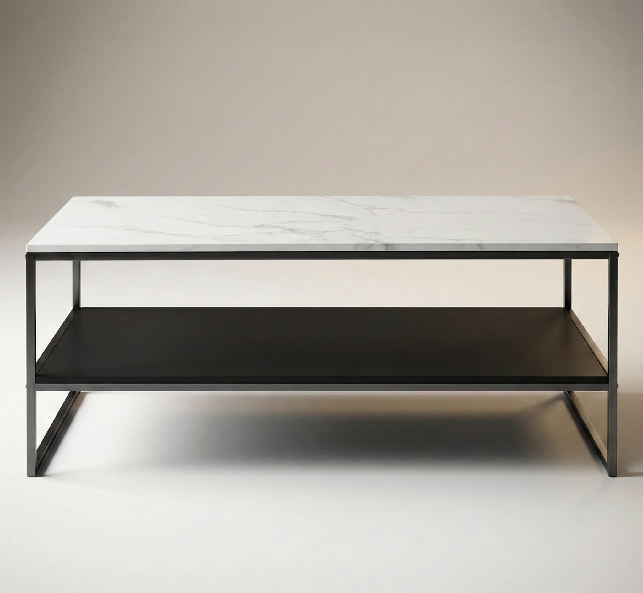 Table basse design double plateau – Effet marbre blanc & métal noir moderne