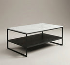 Table basse design double plateau – Effet marbre blanc & métal noir moderne