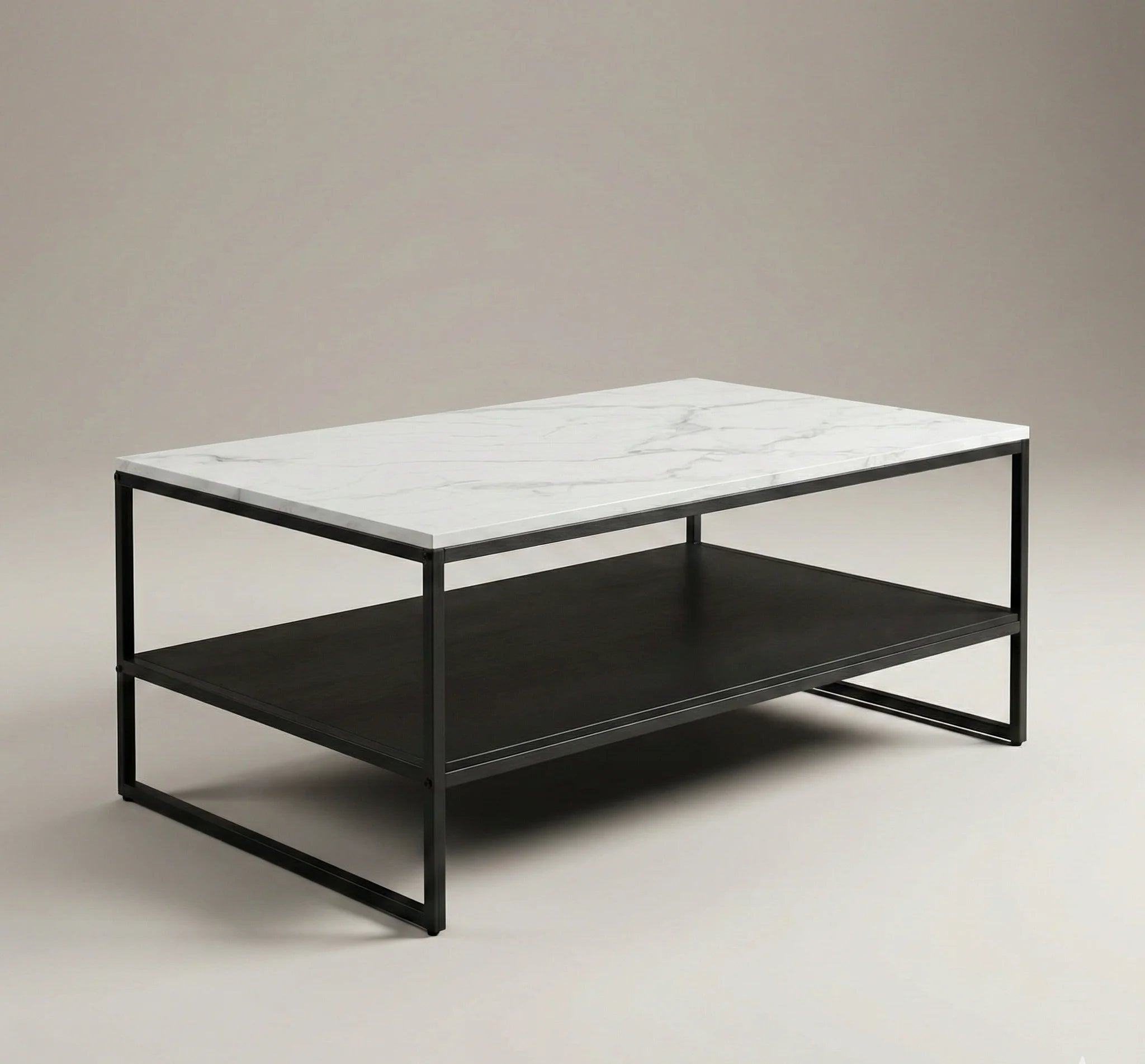 Table basse design double plateau – Effet marbre blanc & métal noir moderne