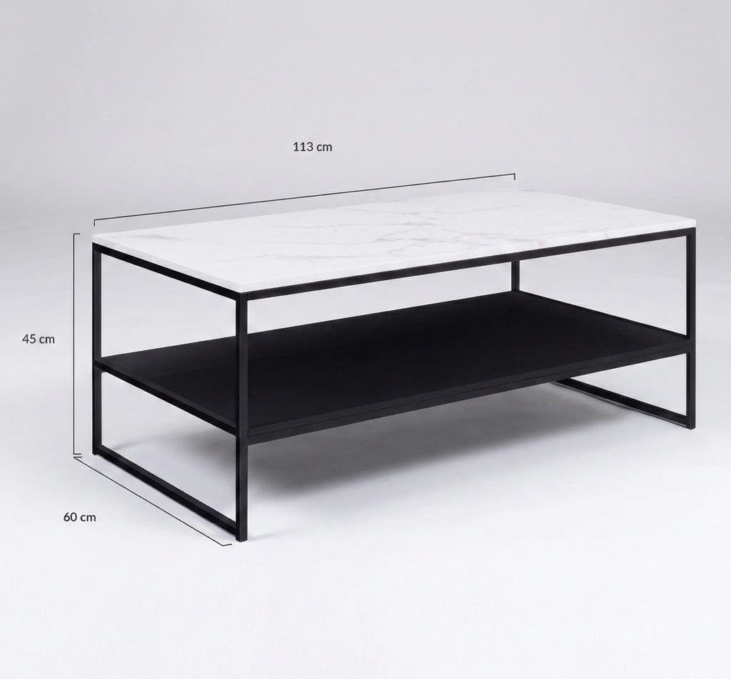 Table basse design double plateau – Effet marbre blanc & métal noir moderne