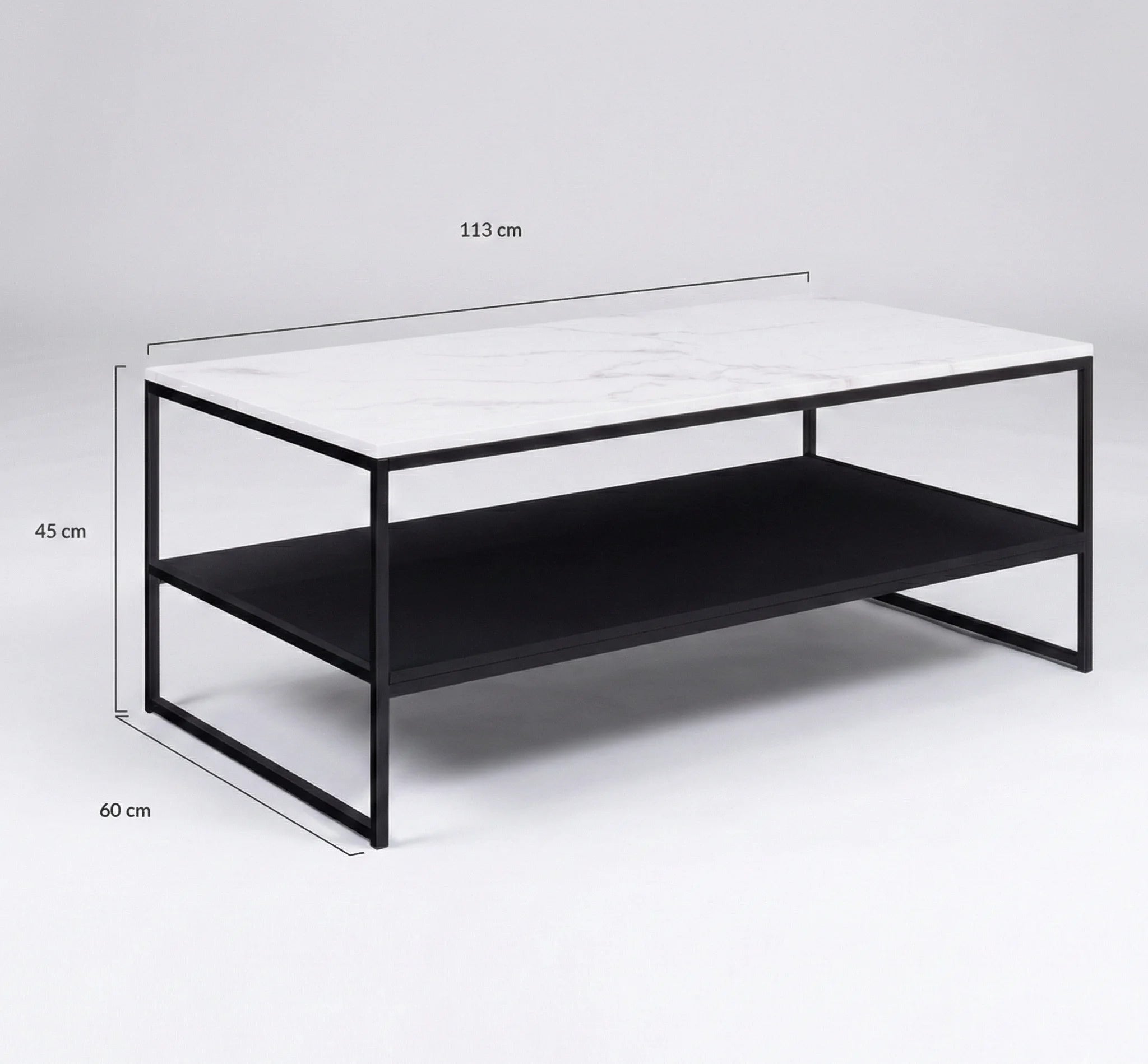 Table basse design double plateau – Effet marbre blanc & métal noir moderne