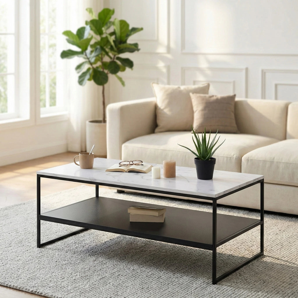 Table basse design double plateau – Effet marbre blanc & métal noir moderne