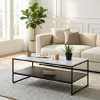 Table basse design double plateau – Effet marbre blanc & métal noir moderne