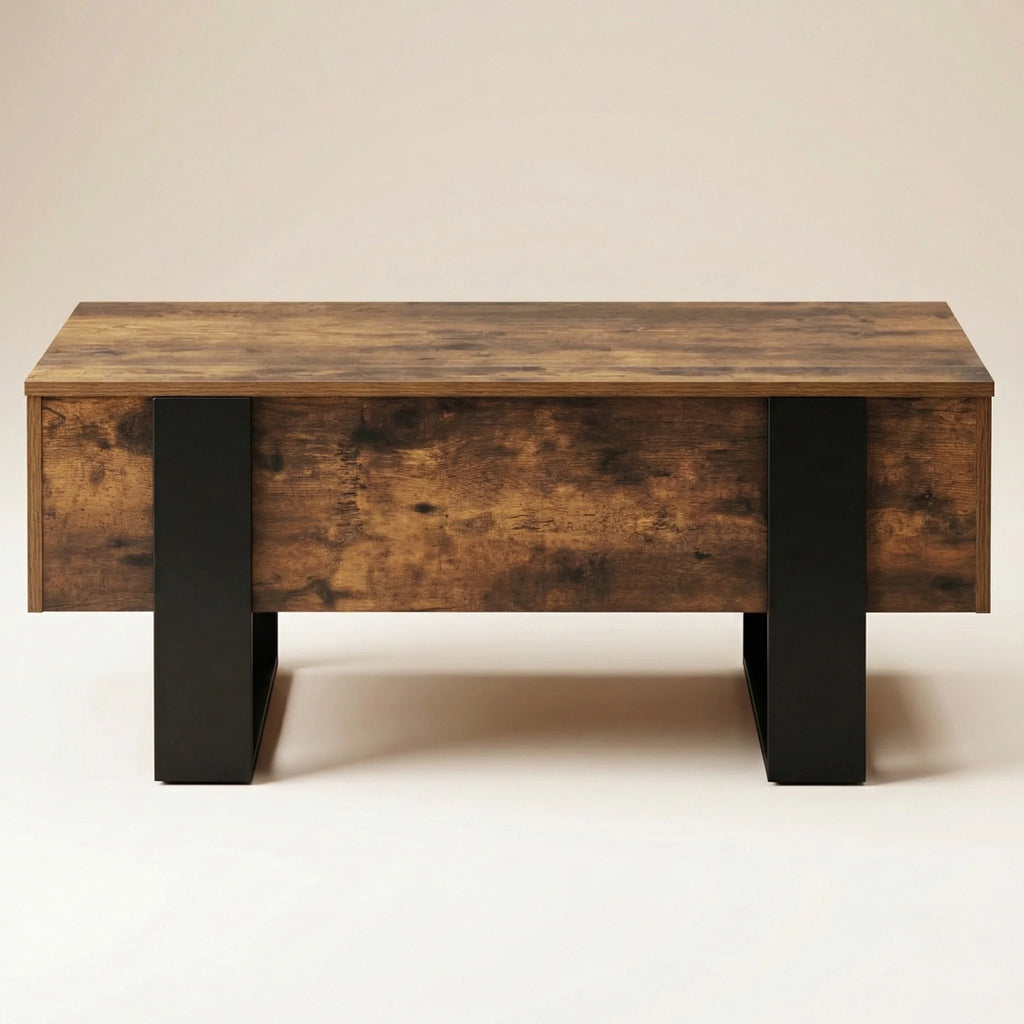 Table basse industrielle relevable avec rangement – Bois effet vieilli & noir moderne