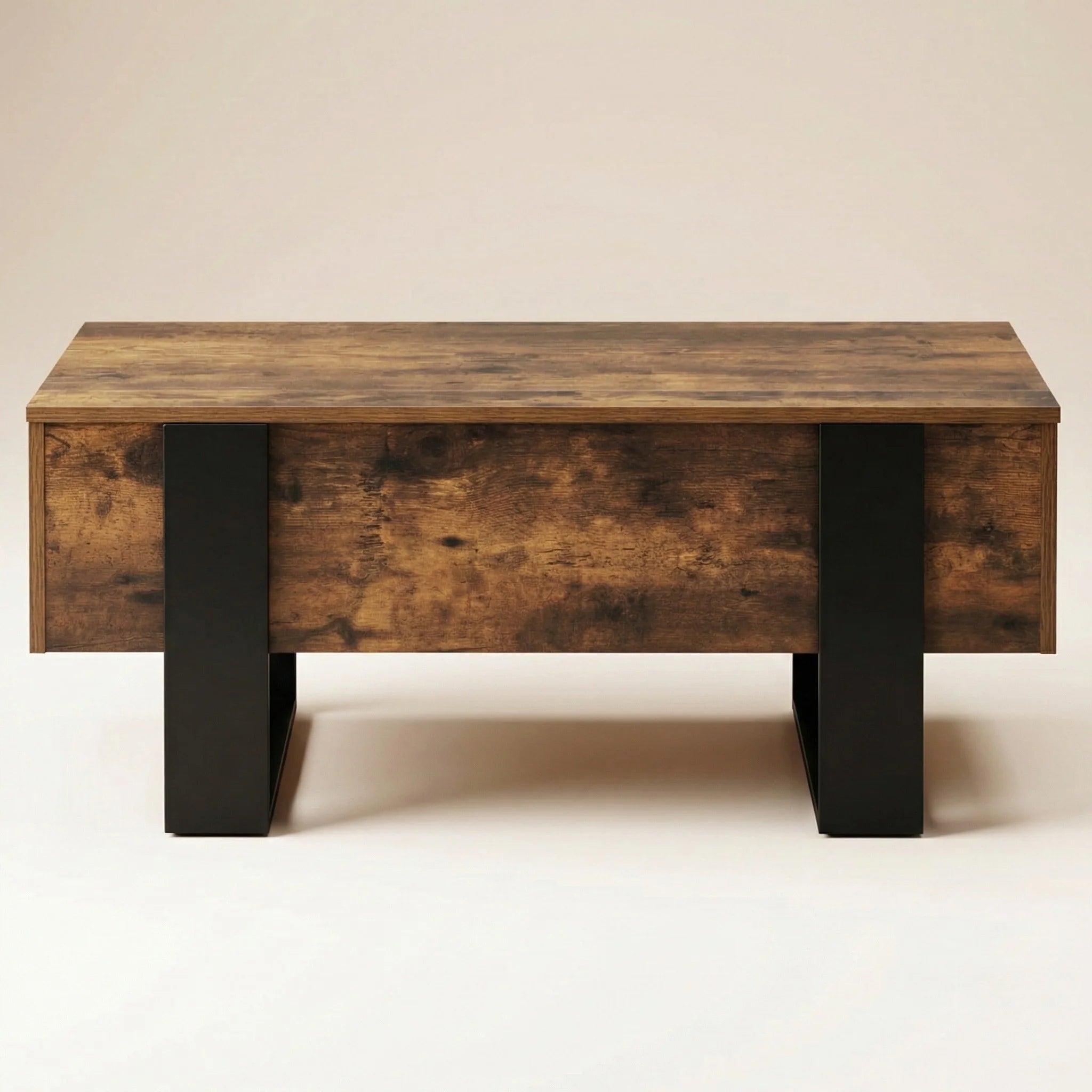 Table basse industrielle relevable avec rangement – Bois effet vieilli & noir moderne
