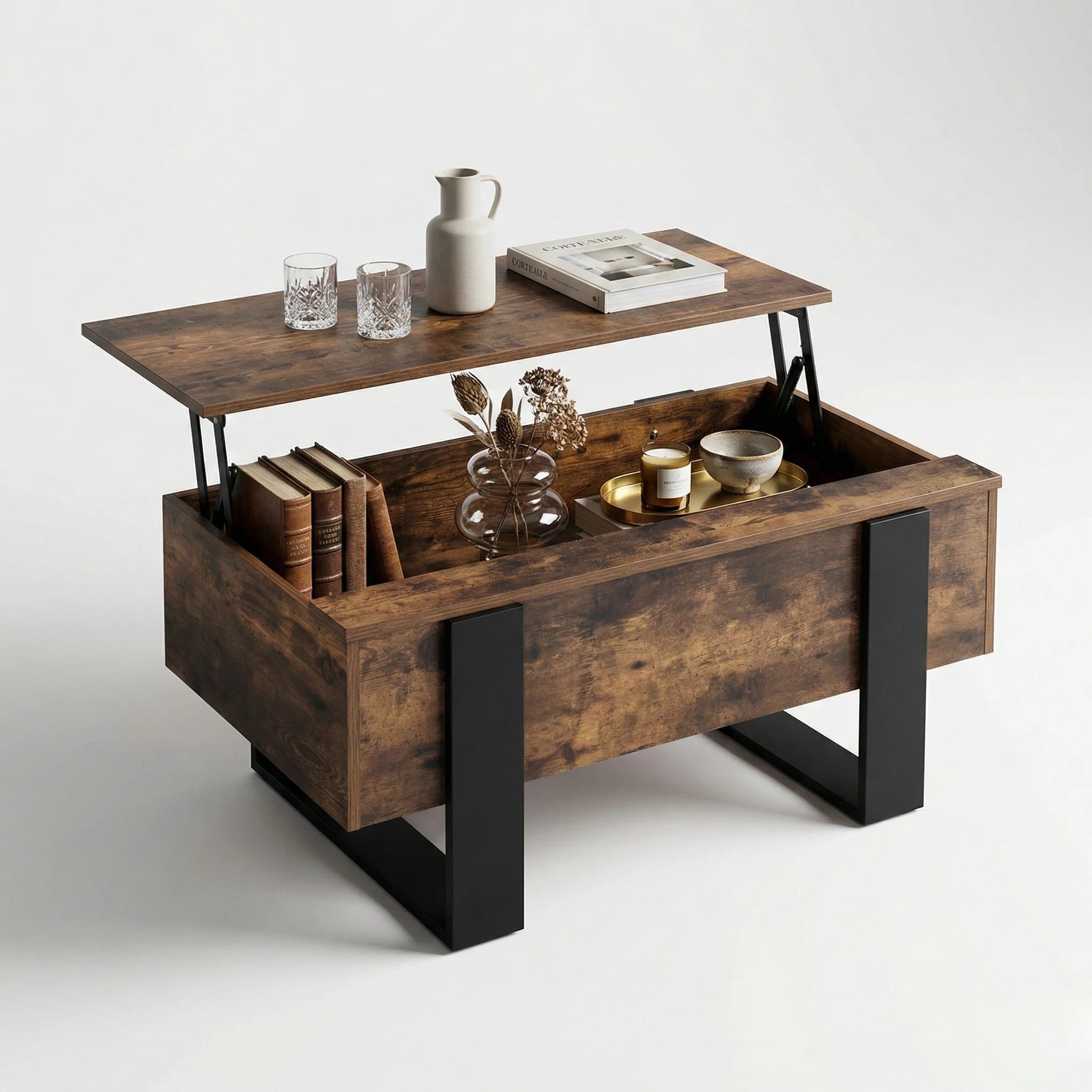 Table basse industrielle relevable avec rangement – Bois effet vieilli & noir moderne